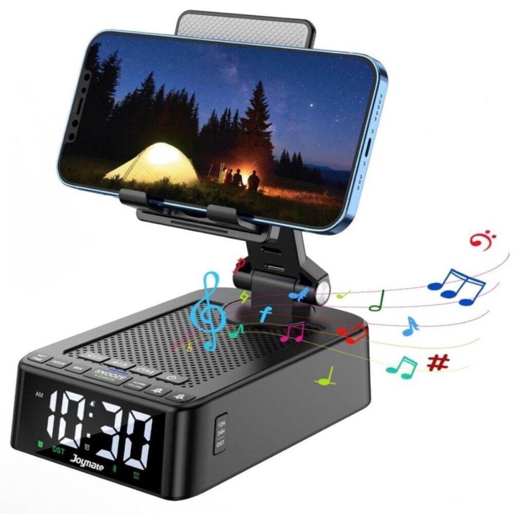 Cell Phone Stand with Wireless Bluetooth Speaker and Alarm Clock Adjustable Cell
